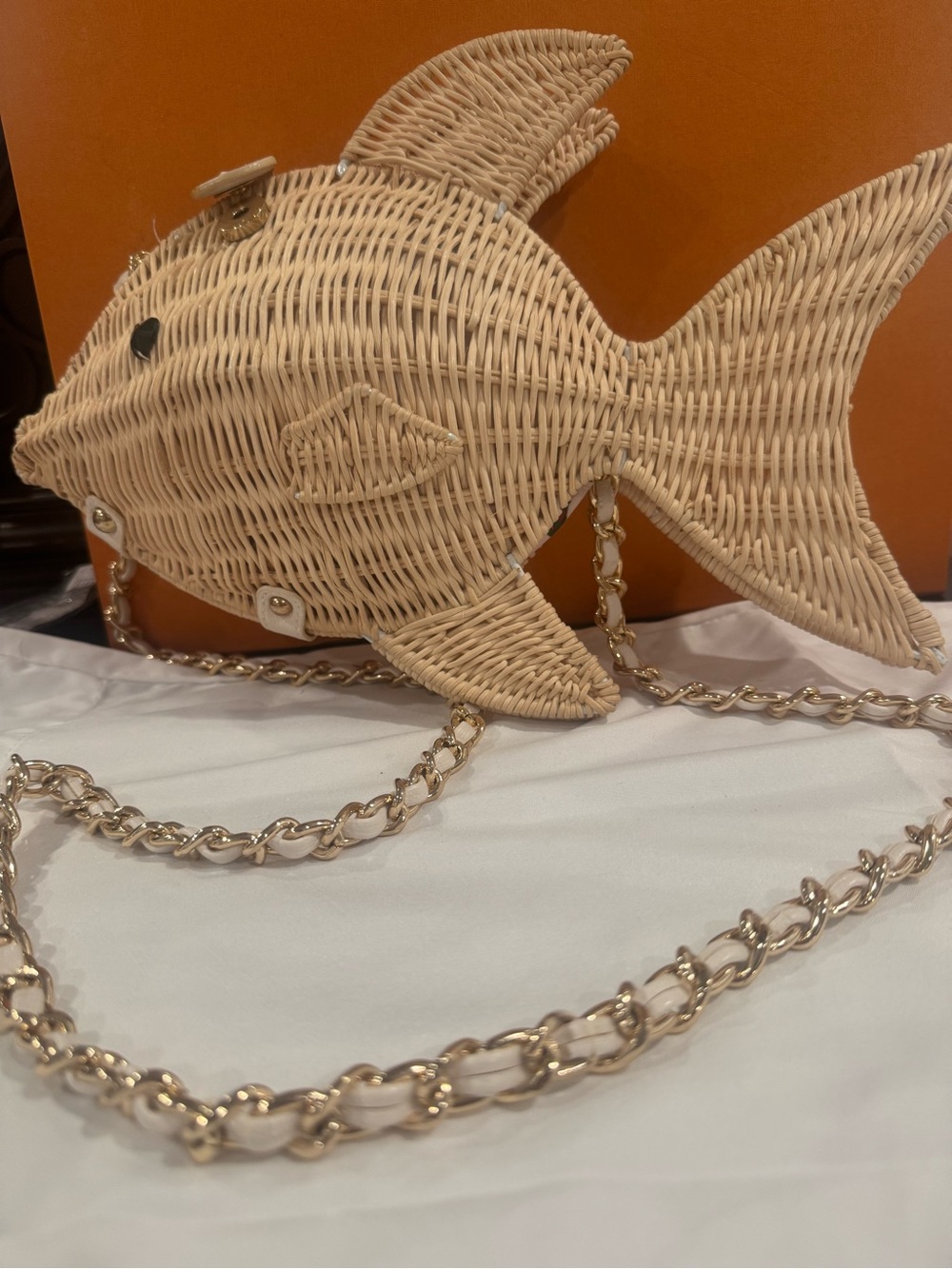 Betsey Johnson Beige Woven Fish Crossbody with Gold Chain